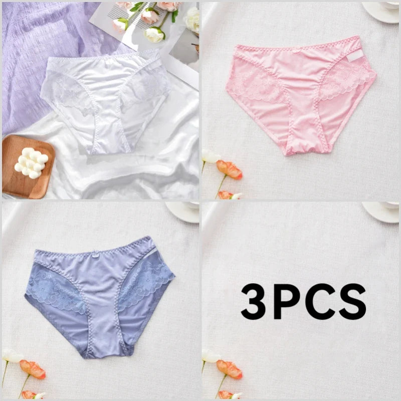 Lot de 3 Culottes en Satin Sexy avec Dentelle
