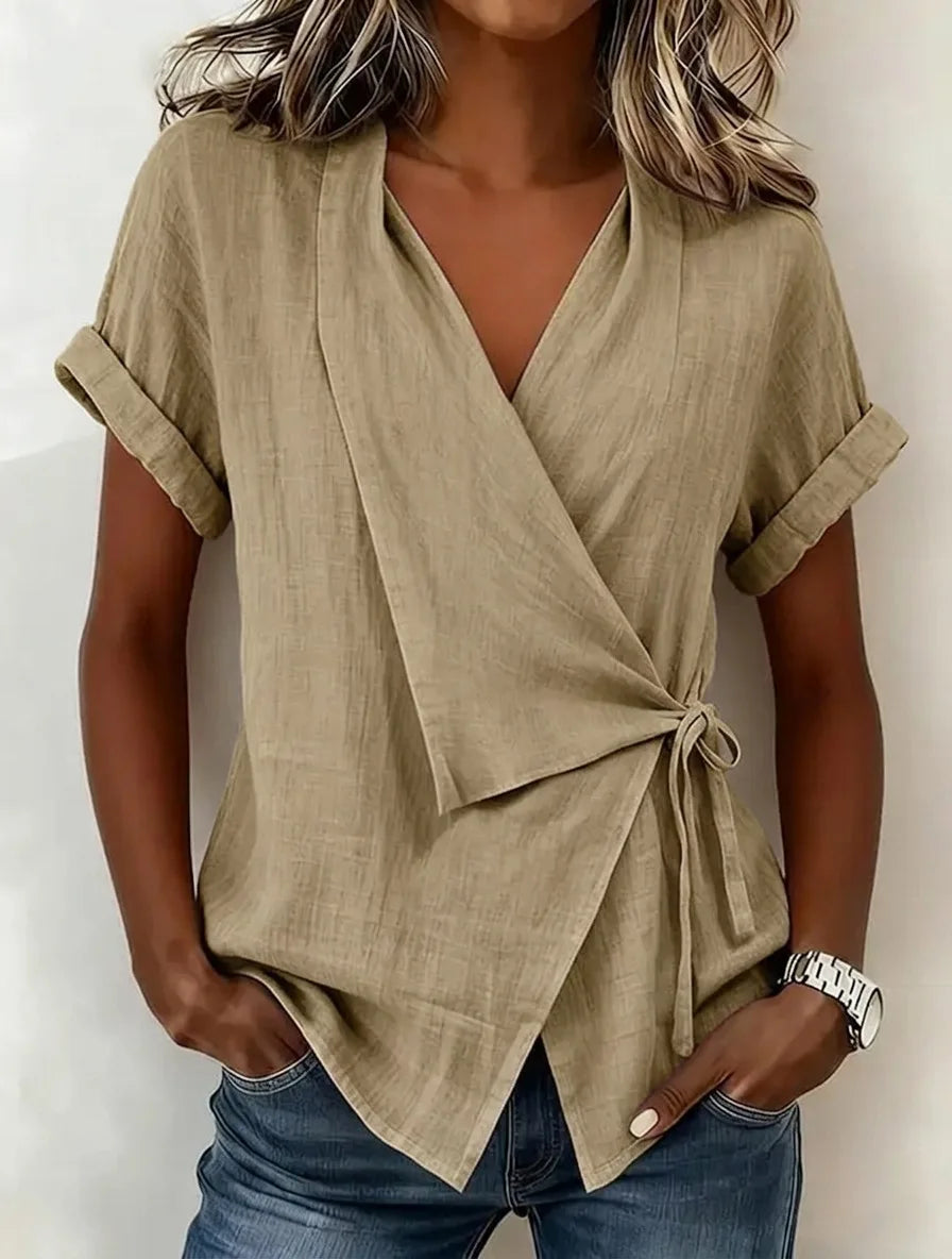 Top Asymétrique Nouer en Lin à Col V & Manches - Summer Women 2026