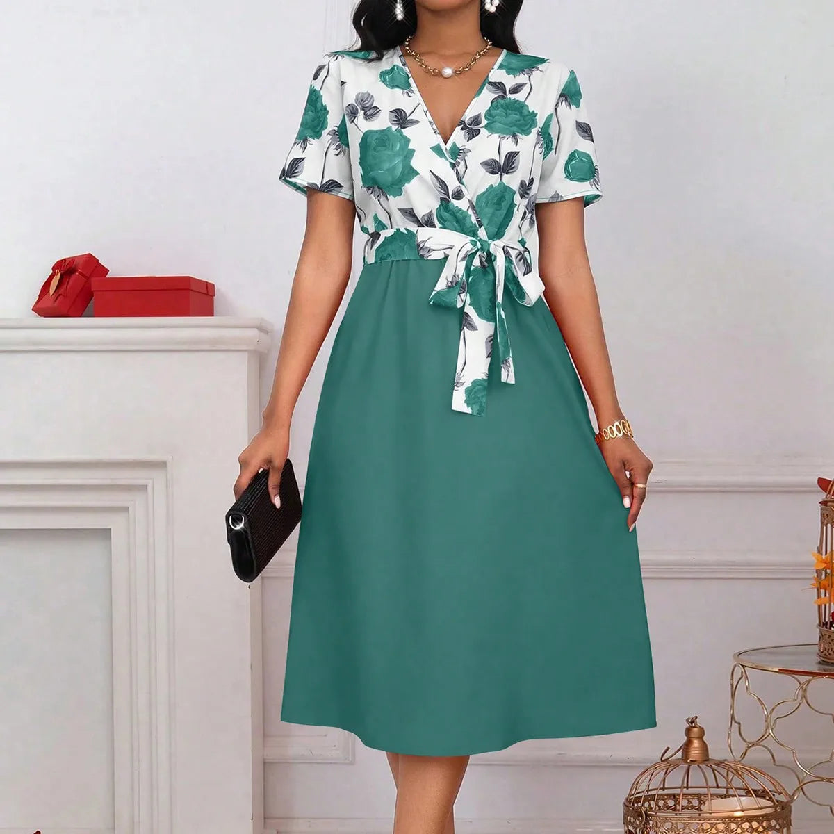 Women's Floral Midi Dress – V-Neck, Tie Waist, and Elegant A-Line Cut