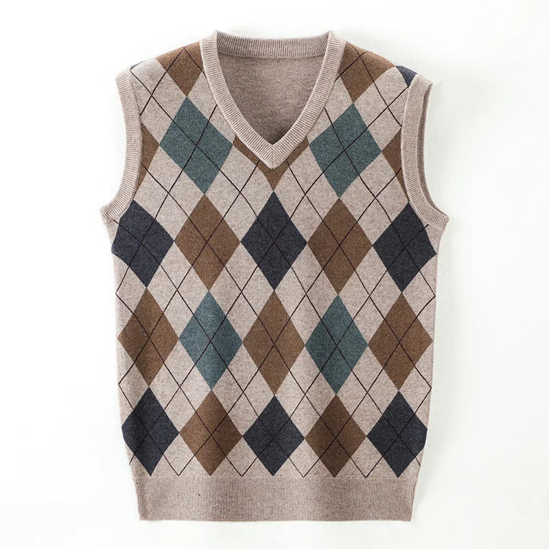 Pull sans manche col V à motif carreaux