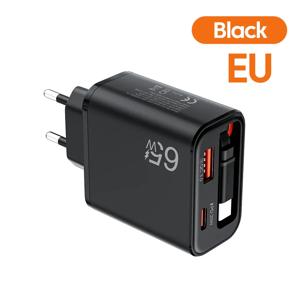Chargeur Rapide 65W USB-C avec Câble Retractable