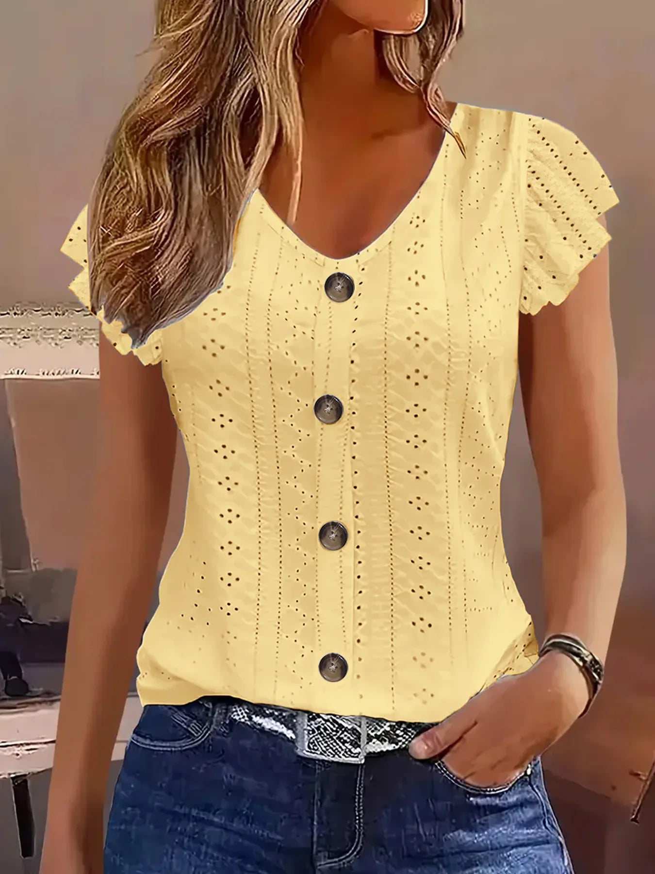 T-shirt femme col V à manches volantées — style élégant et décontracté printemps-été