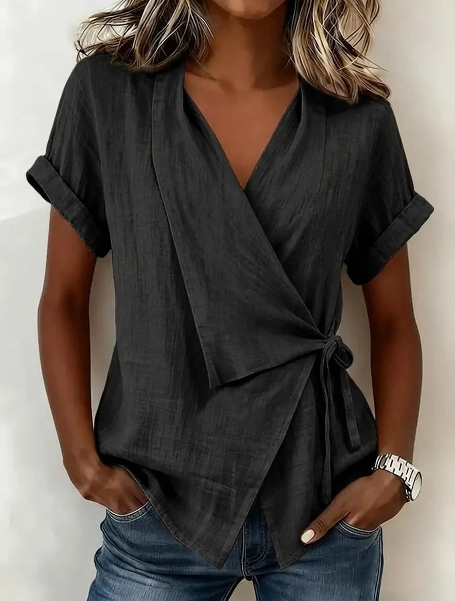 Top Asymétrique Nouer en Lin à Col V & Manches - Summer Women 2026