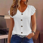 T-shirt femme col V à manches volantées — style élégant et décontracté printemps-été