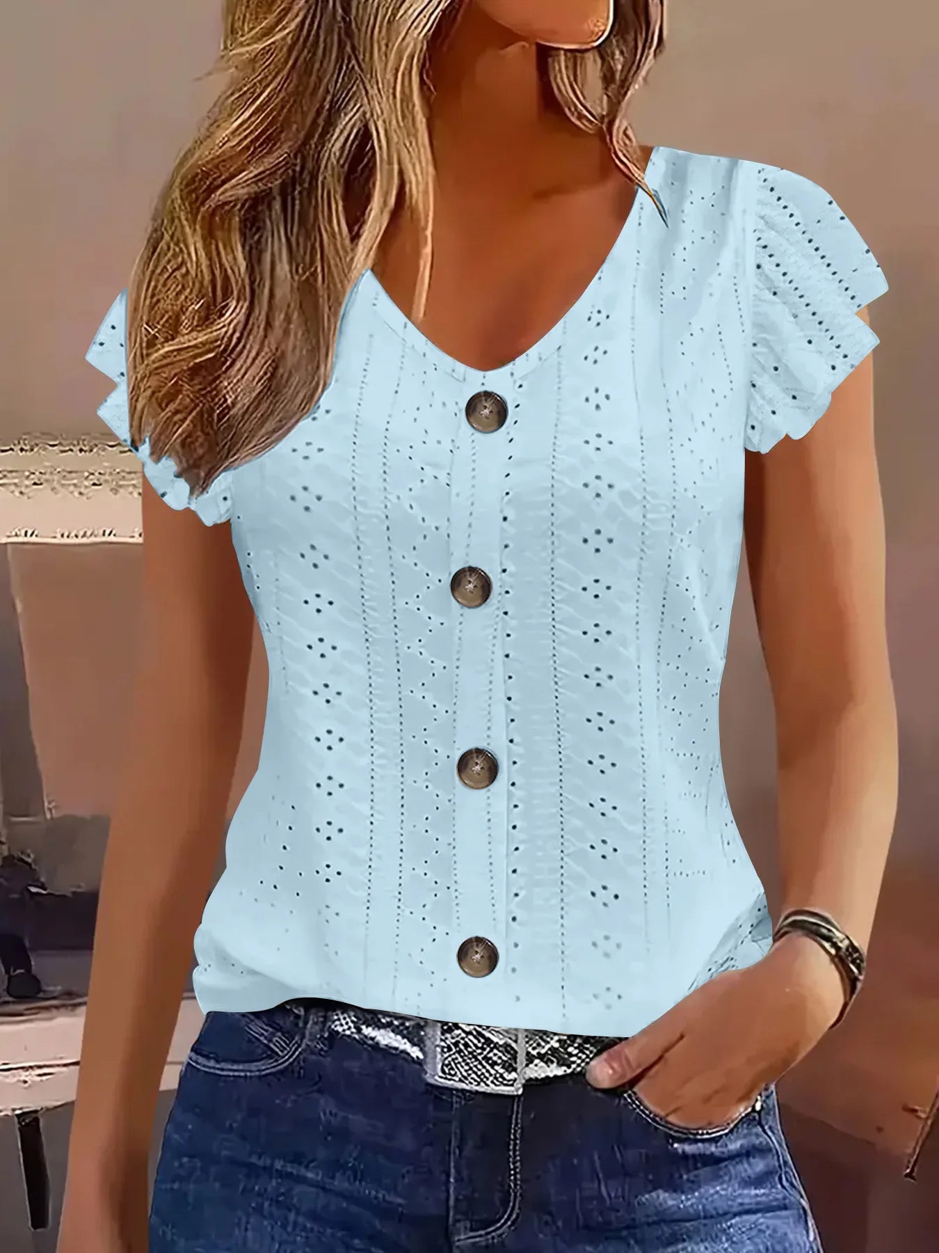 T-shirt femme col V à manches volantées — style élégant et décontracté printemps-été