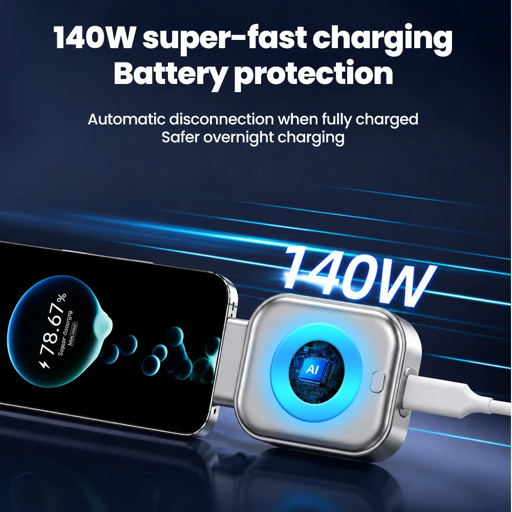 Cargador USB-C Inteligente de 140W de Carga Rápida – Desconexión Automática con Carga Completa para Teléfonos