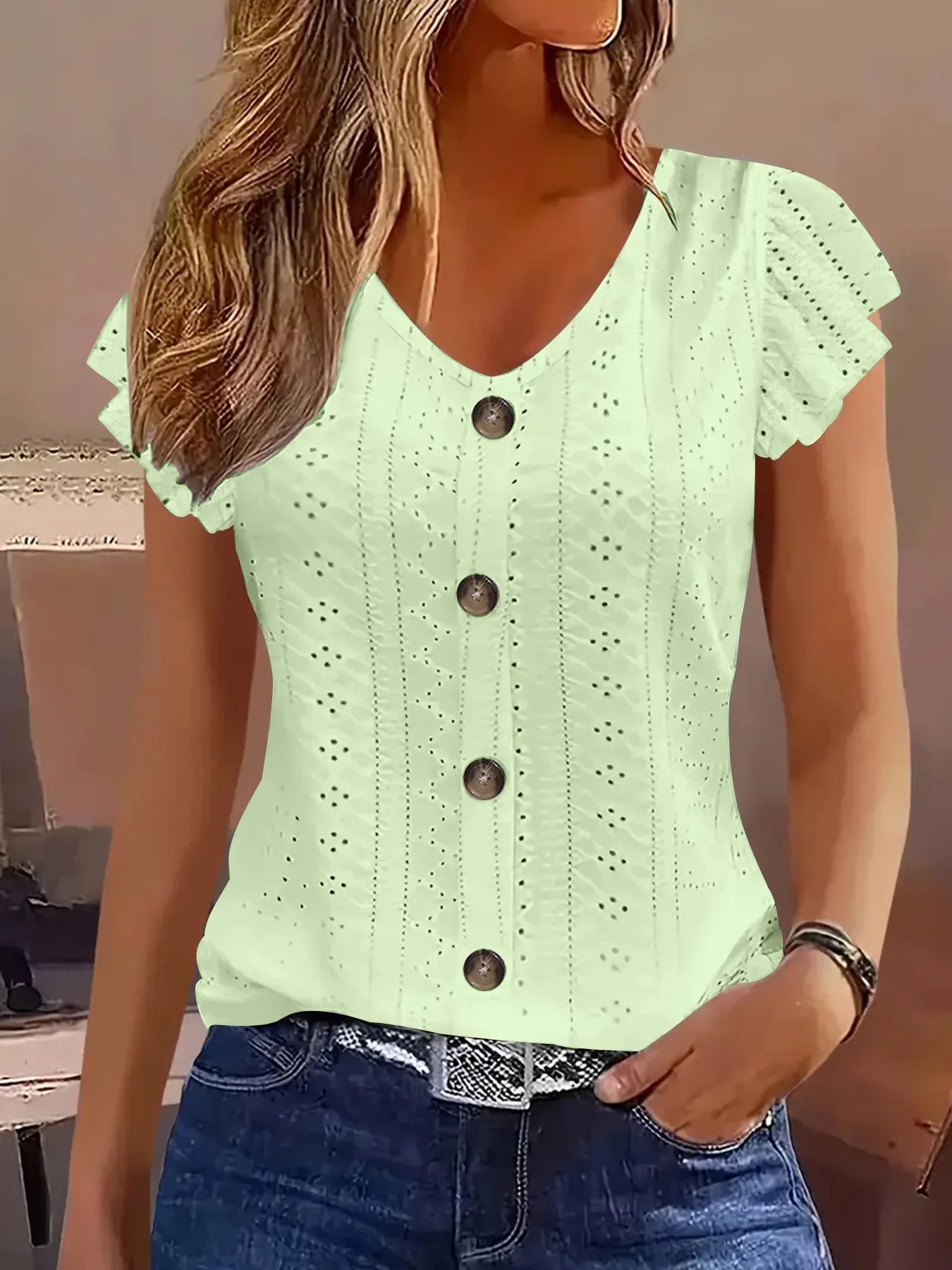T-shirt femme col V à manches volantées — style élégant et décontracté printemps-été