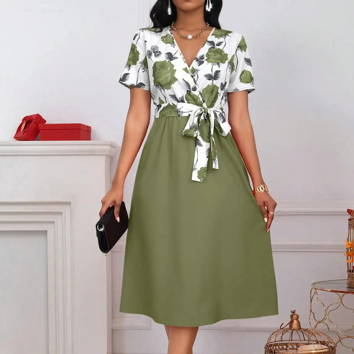 Women's Floral Midi Dress – V-Neck, Tie Waist, and Elegant A-Line Cut