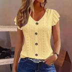 T-shirt femme col V à manches volantées — style élégant et décontracté printemps-été