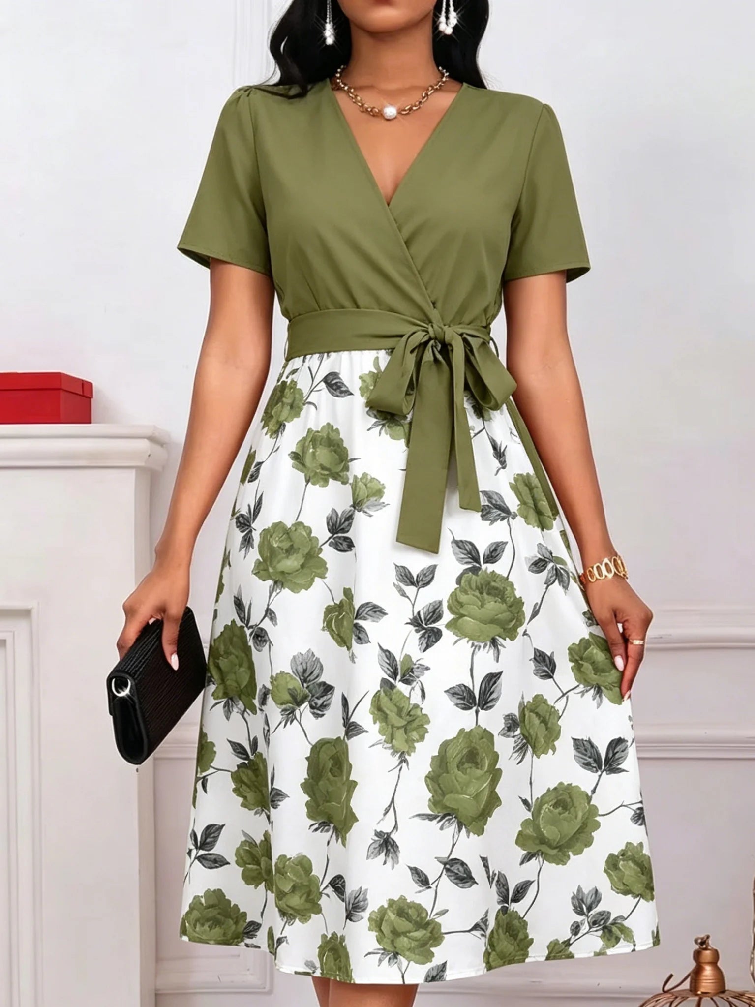 Women's Floral Midi Dress – V-Neck, Tie Waist, and Elegant A-Line Cut