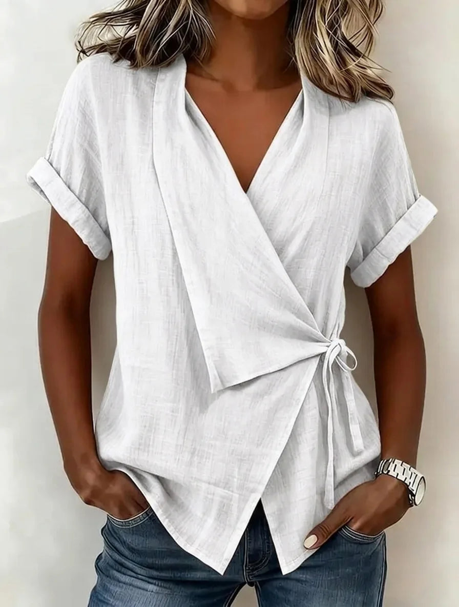 Top Asymétrique Nouer en Lin à Col V & Manches - Summer Women 2026