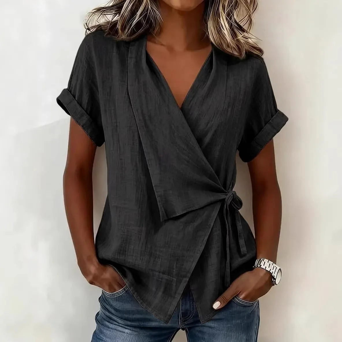 Top Asymétrique Nouer en Lin à Col V & Manches - Summer Women 2026