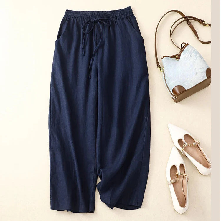 Pantalon Rétro en Coton & Lin Ample Femme - Mi-Saison