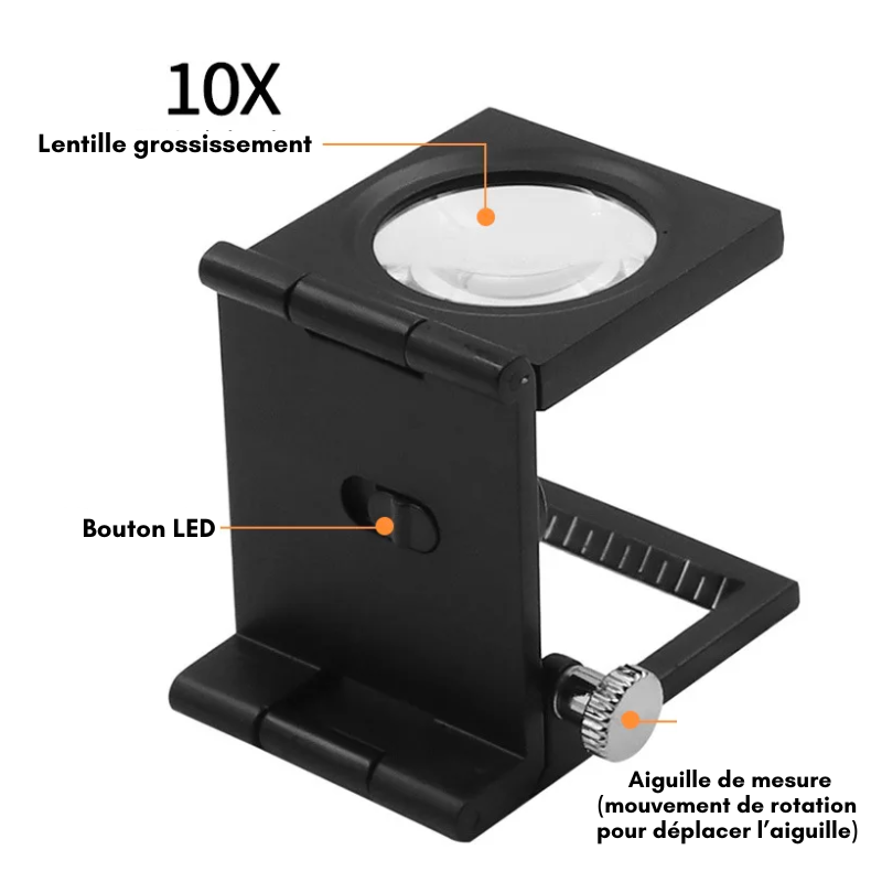 Loupe Compte-fils pliable Grossissement x10 avec échelle et LED - Étui